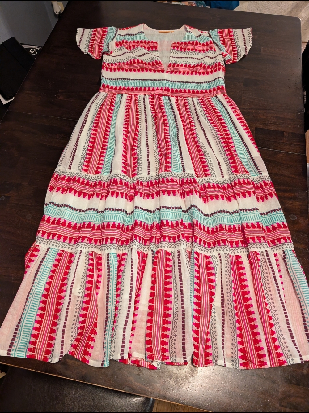 Oliphant Striped Tiered Maxi Dress in Pink, Aqua & White, Women's M